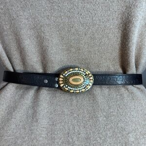 BC BELT Sz XL Black Belt Ornate Beaded Buckle 3” x 4” Tooled Part 47” x 1.25”
